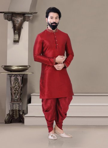 Red Silk Dhoti Kurta For Men
