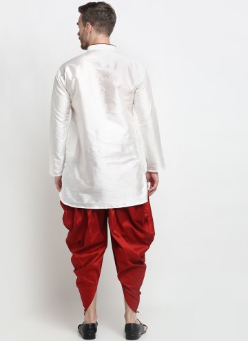 White And Red Dupion Silk Dhoti Kurta For Men