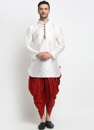 White And Red Dupion Silk Dhoti Kurta For Men