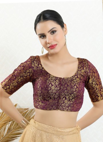 Engaging Wine Jacquard Brocade Blouse For Women