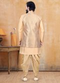 Fancy Work Silk Beige Dhoti Kurta with jacket style for Ceremonial - 1