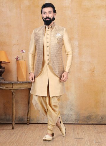 Fancy Work Silk Beige Dhoti Kurta with jacket styl