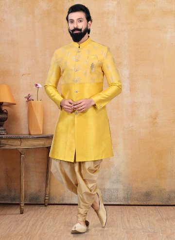 Yellow jacquard silk fancy dhoti kurta for ceremon