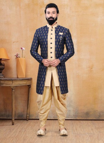 Royal beige and blue jacquard silk Fancy Dhoti Kurta With Jacket for Engagement