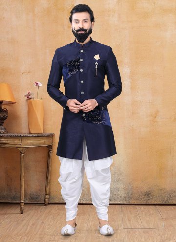 Royal blue dhoti kurta in silk and velvet