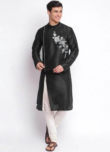 Stylish Black Dupion Silk Embroidered Angarkha For Men