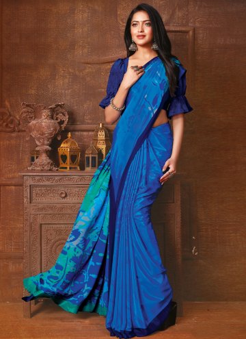 Abstract Print Faux Crepe Blue Contemporary Saree