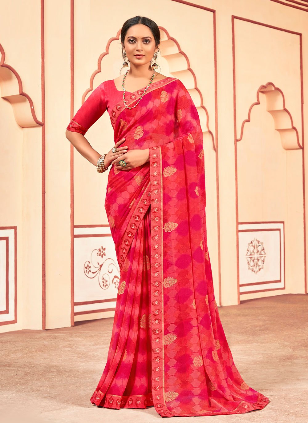 Abstract Print Georgette Red Designer Saree