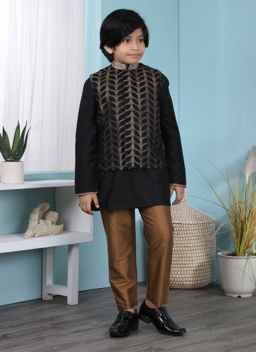 Adorable Black Cotton Silk Jacquard Work Kurta Payjama With Jacket