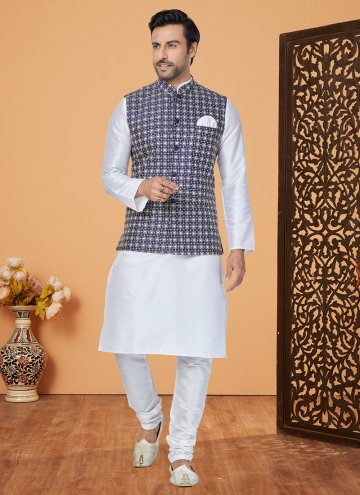 Adorable Blue and Off White Banarasi Fancy work Kurta Payjama With Jacket for Ceremonial
