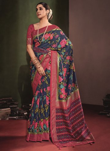 Adorable Blue and Pink Tussar Silk Printed Silk Saree