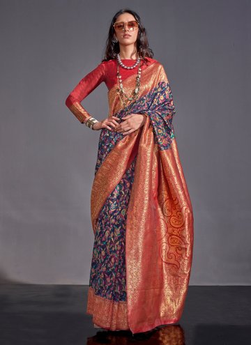 Adorable Blue and Red Handloom Silk Woven Classic Designer Saree