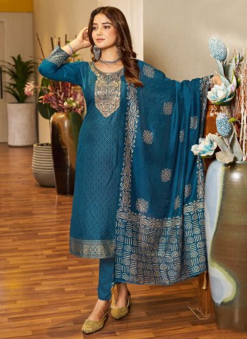 Adorable Blue Rayon Embroidered Salwar Suit
