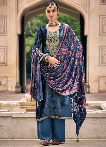 Adorable Blue Velvet Embroidered Trendy Salwar Suit