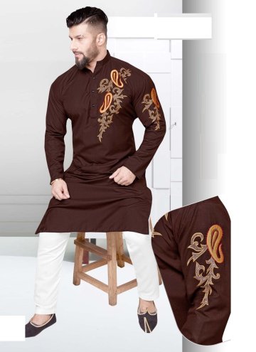 Adorable Brown Cotton  Resham Work Kurta Pyjama