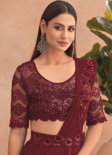Adorable Brown Net Embroidered Lehenga Saree for Engagement