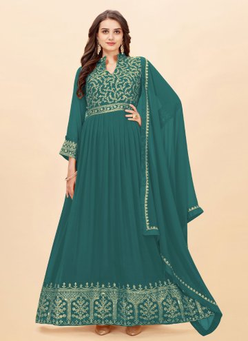 Adorable Embroidered Faux Georgette Teal Salwar Su