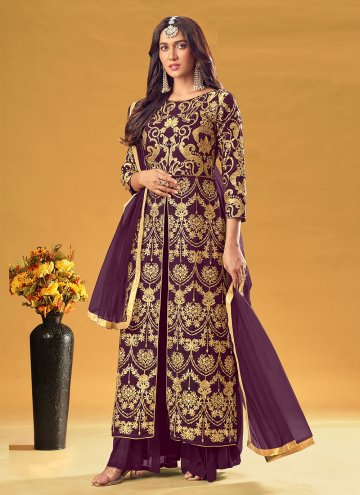 Adorable Embroidered Georgette Purple Salwar Suit