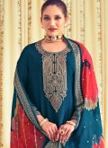 Adorable Embroidered Raw Silk Blue Trendy Salwar Kameez - 1