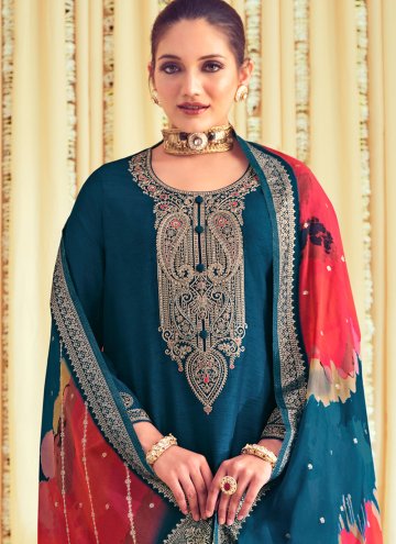 Adorable Embroidered Raw Silk Blue Trendy Salwar Kameez