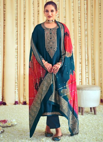 Adorable Embroidered Raw Silk Blue Trendy Salwar K