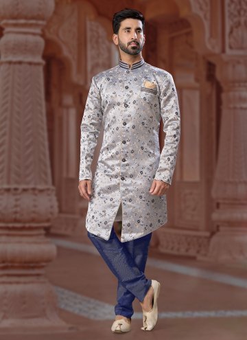 Adorable Fancy work Jacquard Grey Indo Western Sherwani