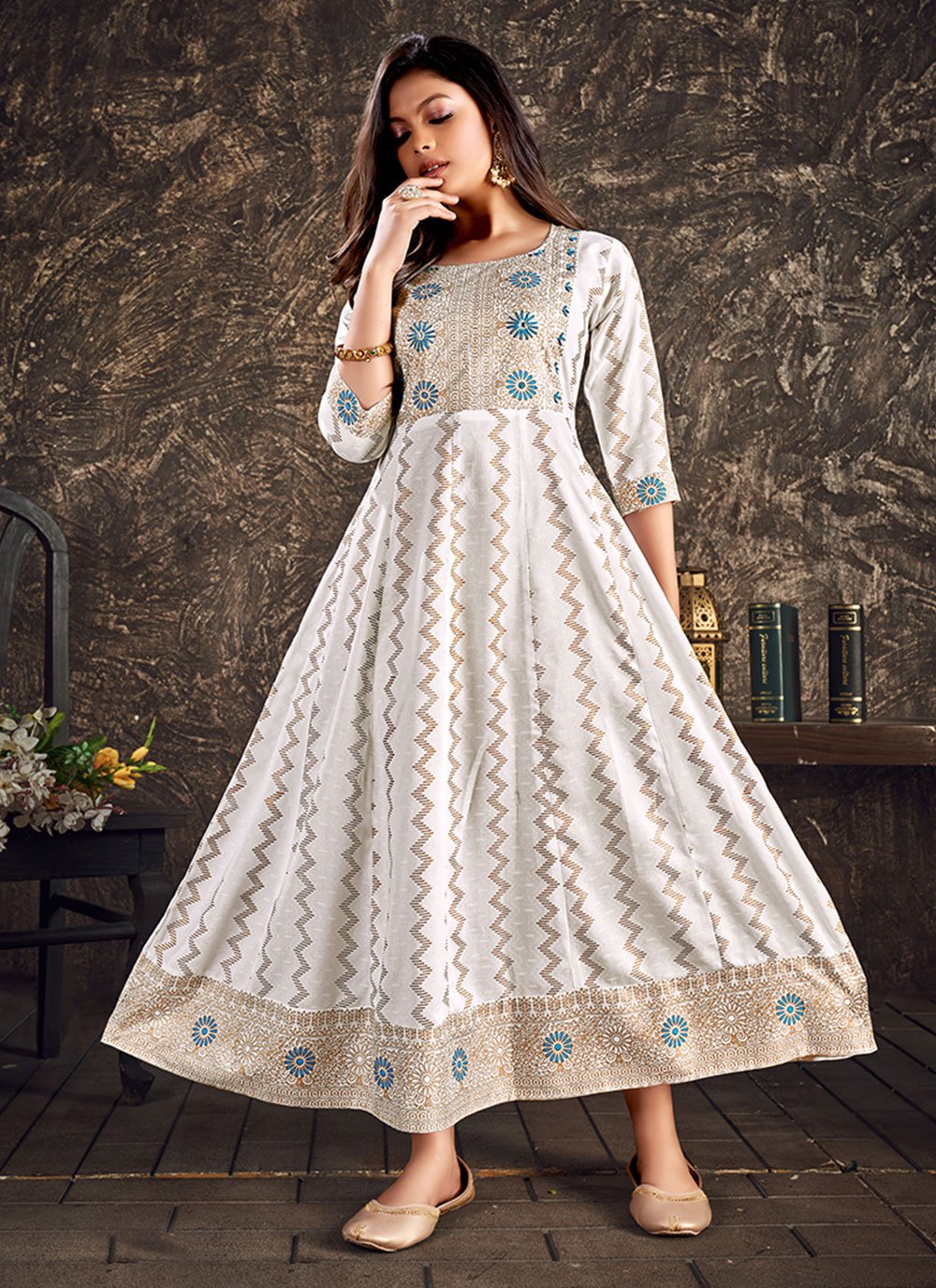 Adorable Foil Print Rayon Off White Readymade Designer Gown