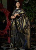 Adorable Gold and Navy Blue Kanjivaram Silk Woven Designer Saree - 1