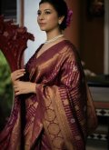 Adorable Gold and Purple Kanjivaram Silk Woven Trendy Saree for Engagement - 2