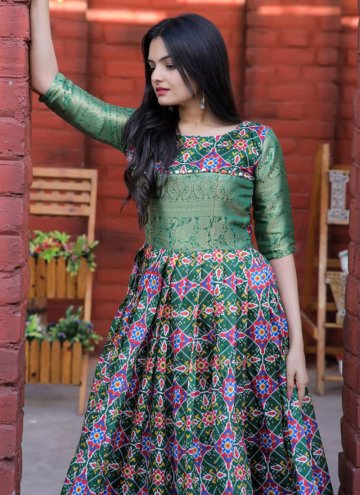 Adorable Green Jacquard Silk Patola Print Floor Length Gown for Ceremonial