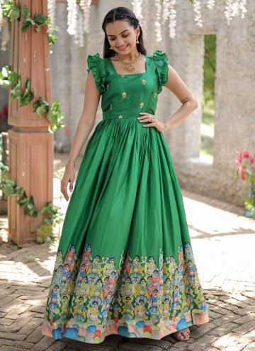 Adorable Green Silk Printed Gown