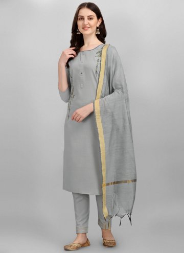 Adorable Grey Cotton Silk Embroidered Salwar Suit