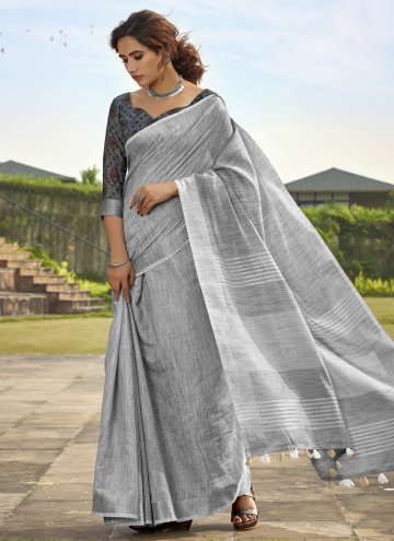 Adorable Grey Linen Print Classic Designer Saree for Festival