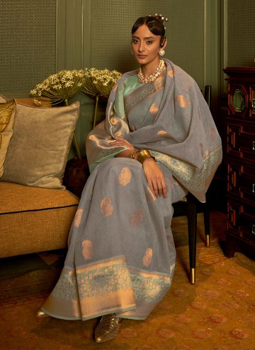 Adorable Grey Linen Woven Traditional Saree for Festival
