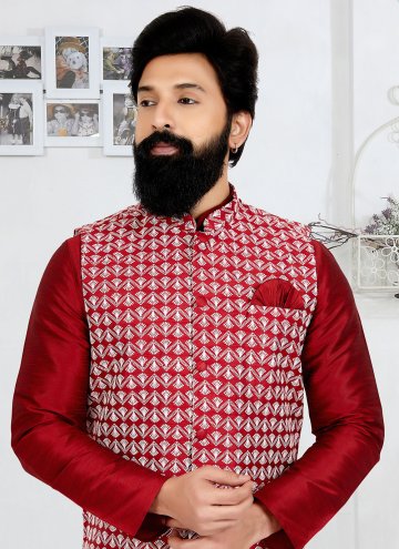 Adorable Maroon and Red Banarasi Fancy work Kurta Payjama With Jacket