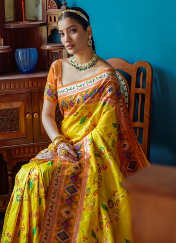 Adorable Mustard Banarasi Woven Contemporary Saree for Engagement