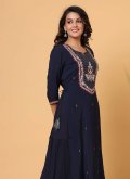 Adorable Navy Blue Chanderi Embroidered Party Wear Kurti - 1