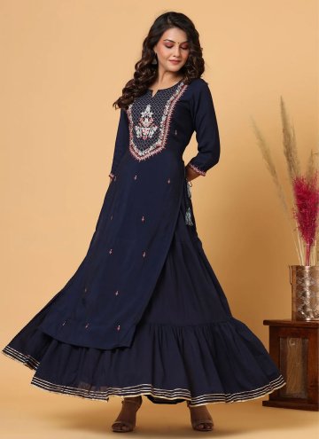 Adorable Navy Blue Chanderi Embroidered Party Wear Kurti