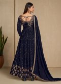 Adorable Navy Blue Faux Georgette Embroidered Gown for Ceremonial - 1