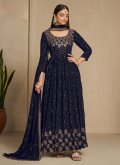 Adorable Navy Blue Faux Georgette Embroidered Gown for Ceremonial - 2