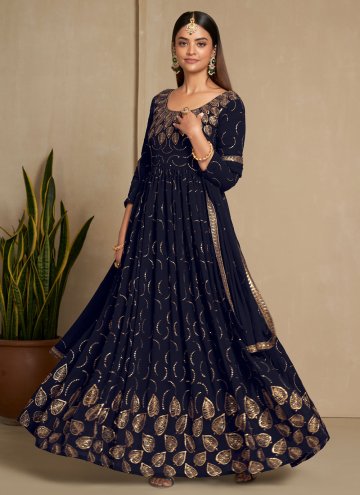 Adorable Navy Blue Faux Georgette Embroidered Gown