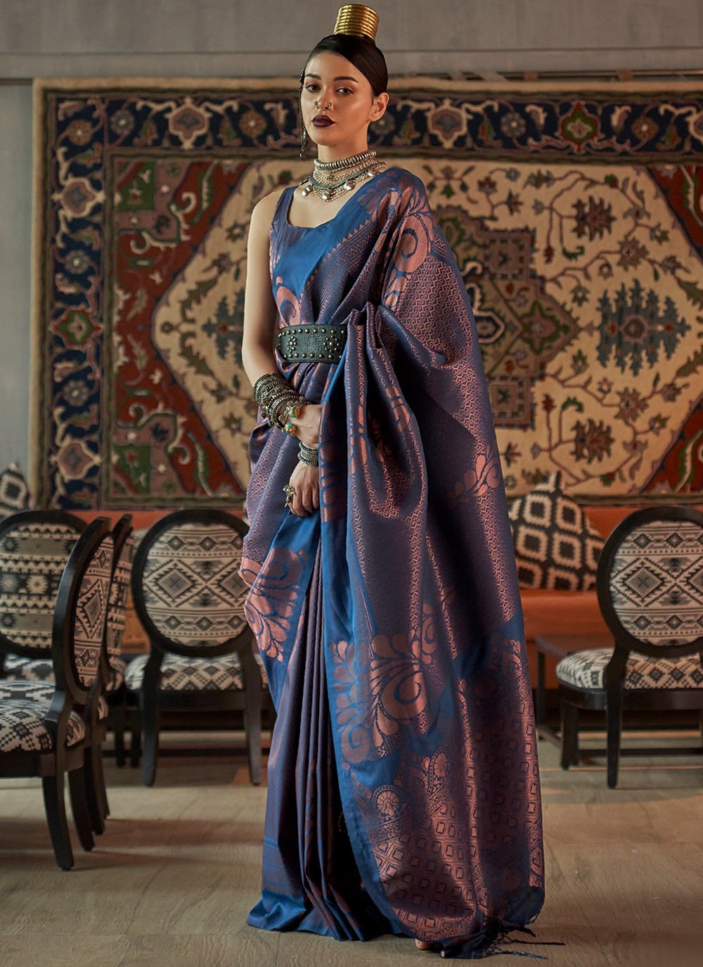 Adorable Navy Blue Silk Woven Trendy Saree