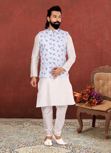 Adorable Off White and Silver Cotton Silk Printed Kurta Payjama With Jacket for Engagement