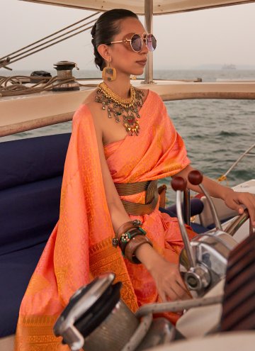 Adorable Orange Satin Woven Contemporary Saree for Mehndi