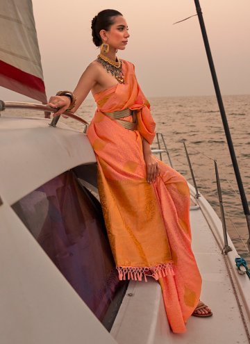 Adorable Orange Satin Woven Contemporary Saree for Mehndi