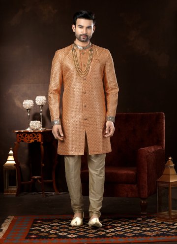 Adorable Peach Fancy Fabric Embroidered Sherwani for Ceremonial