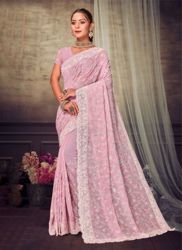 Adorable Pink Georgette Embroidered Designer Saree