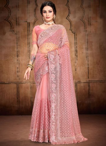 Adorable Pink Net Diamond Work Classic Designer Saree