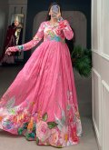 Adorable Pink Tussar Silk Floral Print Designer Gown - 1