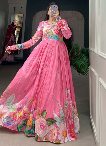 Adorable Pink Tussar Silk Floral Print Designer Gown